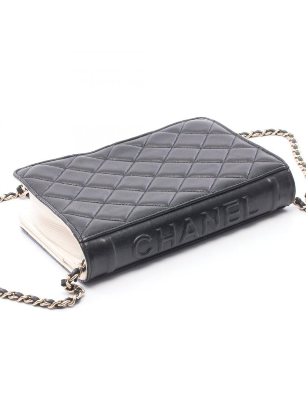 Chanel Shoulder Bag Book Quilted Black White Lambskin Chain Wallet - Picture 10 of 11